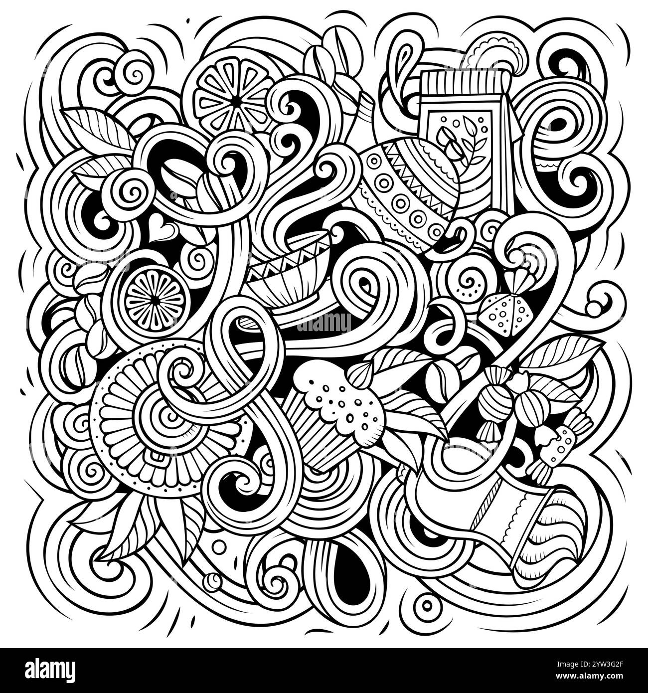 Cafe Hand gezeichnete Vektor-Kritzelillustration. Kaffeedesign. Teezeit Elemente und Objekte Zeichentrickhintergrund. Strichkunst lustiges Bild Stock Vektor