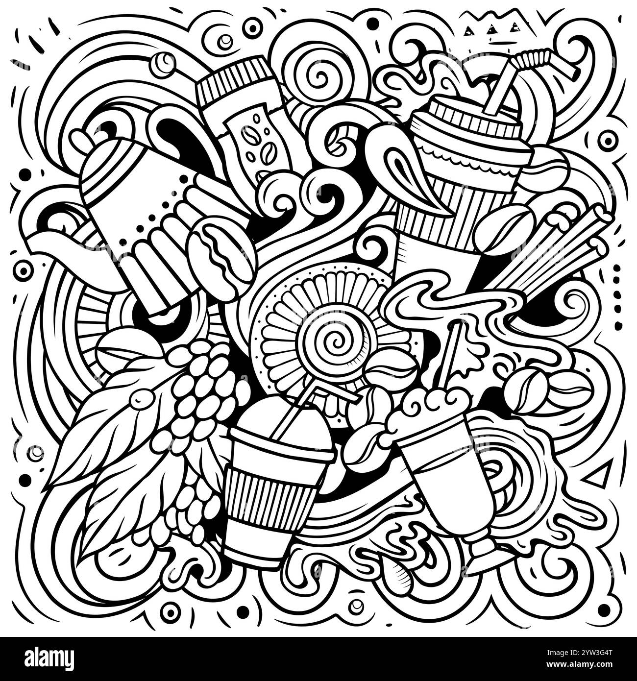 Cartoon Vektor Kritzeleien Kaffee Haus Illustration. Skizzenhaft, detailliert, mit vielen Objekten Hintergrund. Alle Objekte sind getrennt. Lustiges Bild im Line Art Cafe Stock Vektor