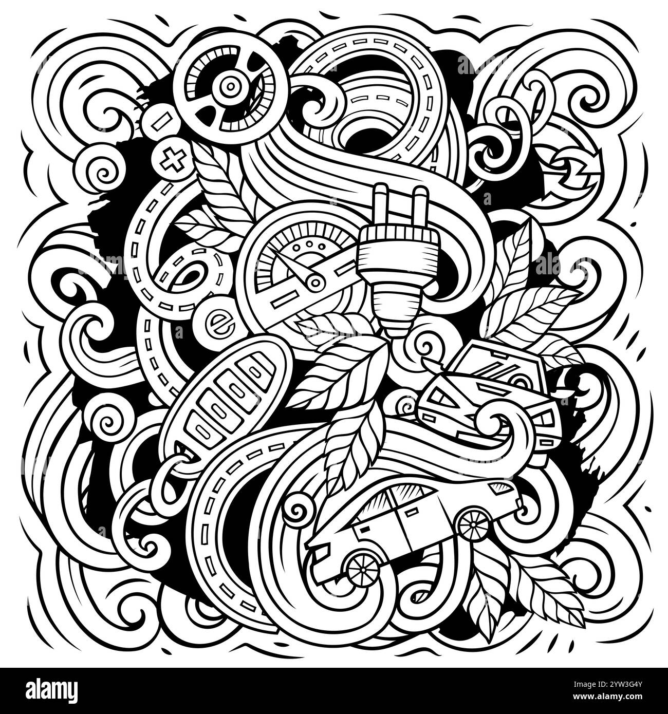 Elektrische Autos Cartoon Vektor Kritzeldesign. Linienkunst detaillierte Komposition mit vielen Öko-Transportobjekten und Symbolen Stock Vektor