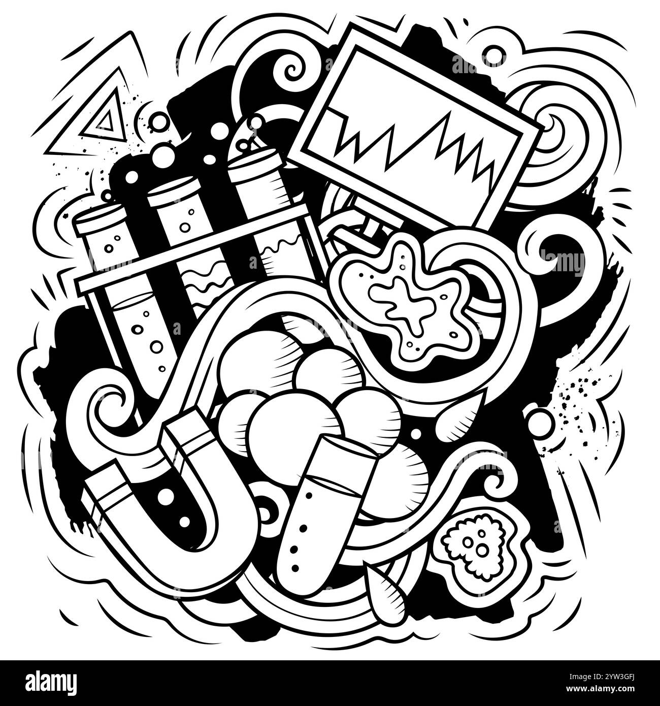 Science Cartoon Vektor Doodle Design. Skizzenhafte detailreiche Komposition mit vielen wissenschaftlichen Objekten und Symbolen. Alle Elemente sind getrennt Stock Vektor