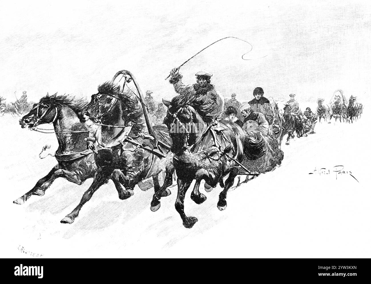 Wilde Winterschlittenfahrt in einer verschneiten Landschaft, Pferde galoppieren, Peitsche, warme Kleidung, mehrere Schlitten, Geschwindigkeit, Vergnügen, St. Petersburg, Russland, histori Stockfoto