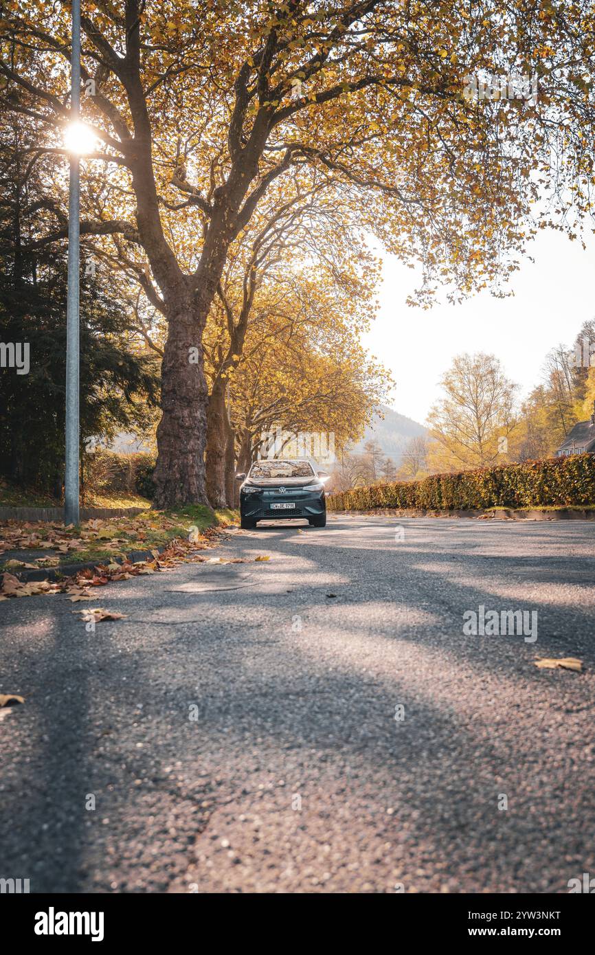 Straße im Herbst mit Bäumen, Sonnenlicht und Blättern, Elektroauto VW ID5, Hirsch Carsharing, Gechingen, Schwarzwald, Deutschland, Europa Stockfoto