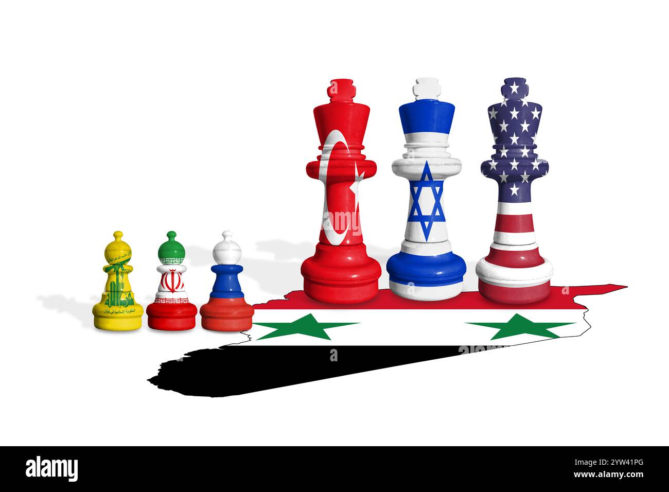 Schach aus Fahnen der Türkei, Israels und der USA mit syrischer Flagge Stockfoto