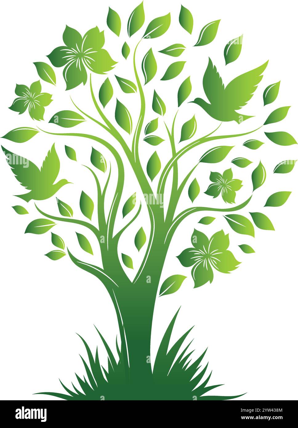 Baum des Lebens Logo, Umwelt Natur Symbol mit symmetrischen Bäumen mit Blättern und Wurzeln Vektor Illustration Stock Vektor