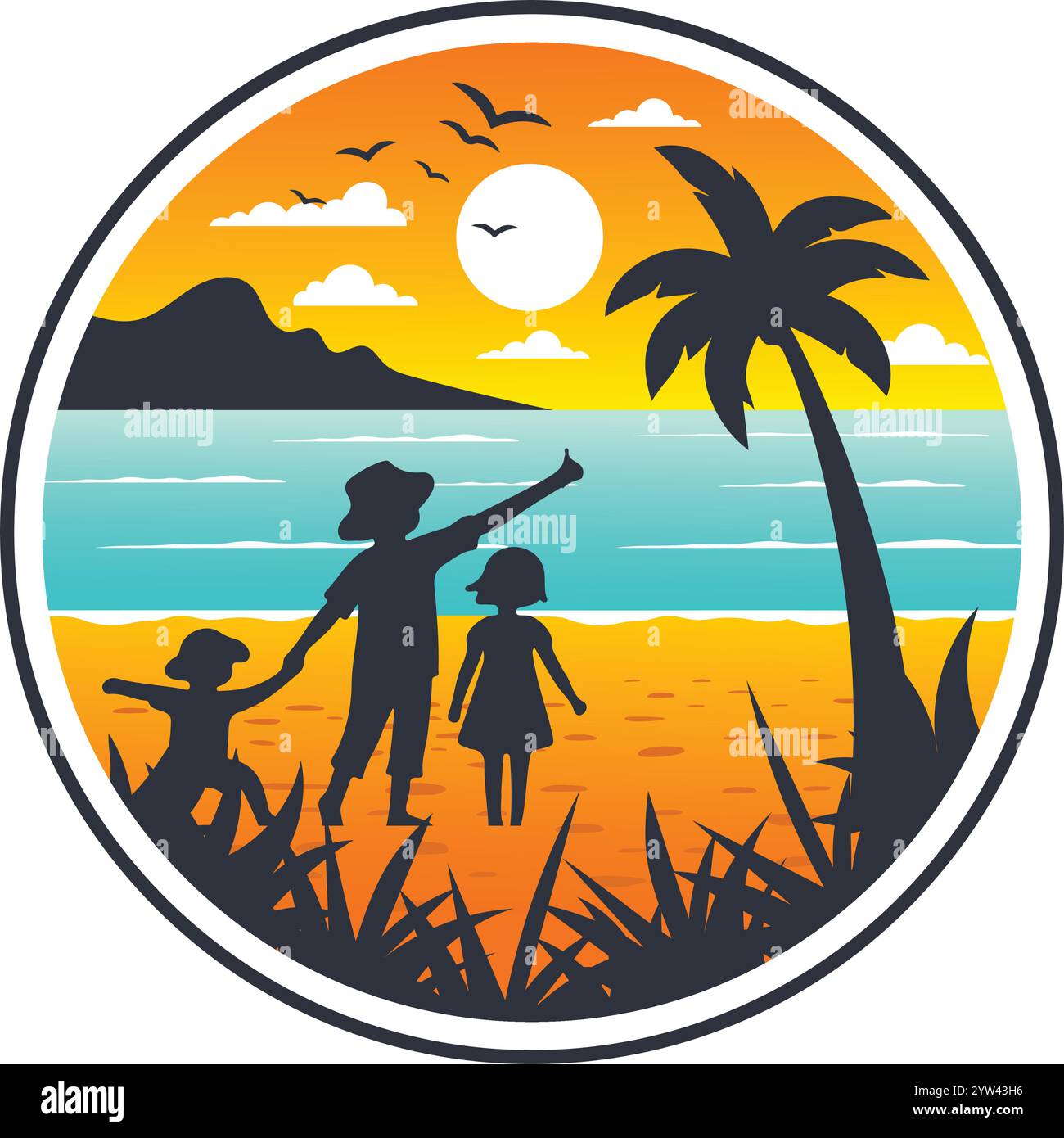 Familienurlaub Strand am Strand Logo oder Abzeichen mit Zeichentrickvektor Illustration Stock Vektor