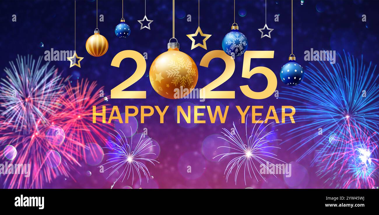 Happy New Year 2025 Neujahrsfeier 2025 - Goldene Zahlen und Feuerwerk am Abend mit abstraktem Akzentlicht Stockfoto