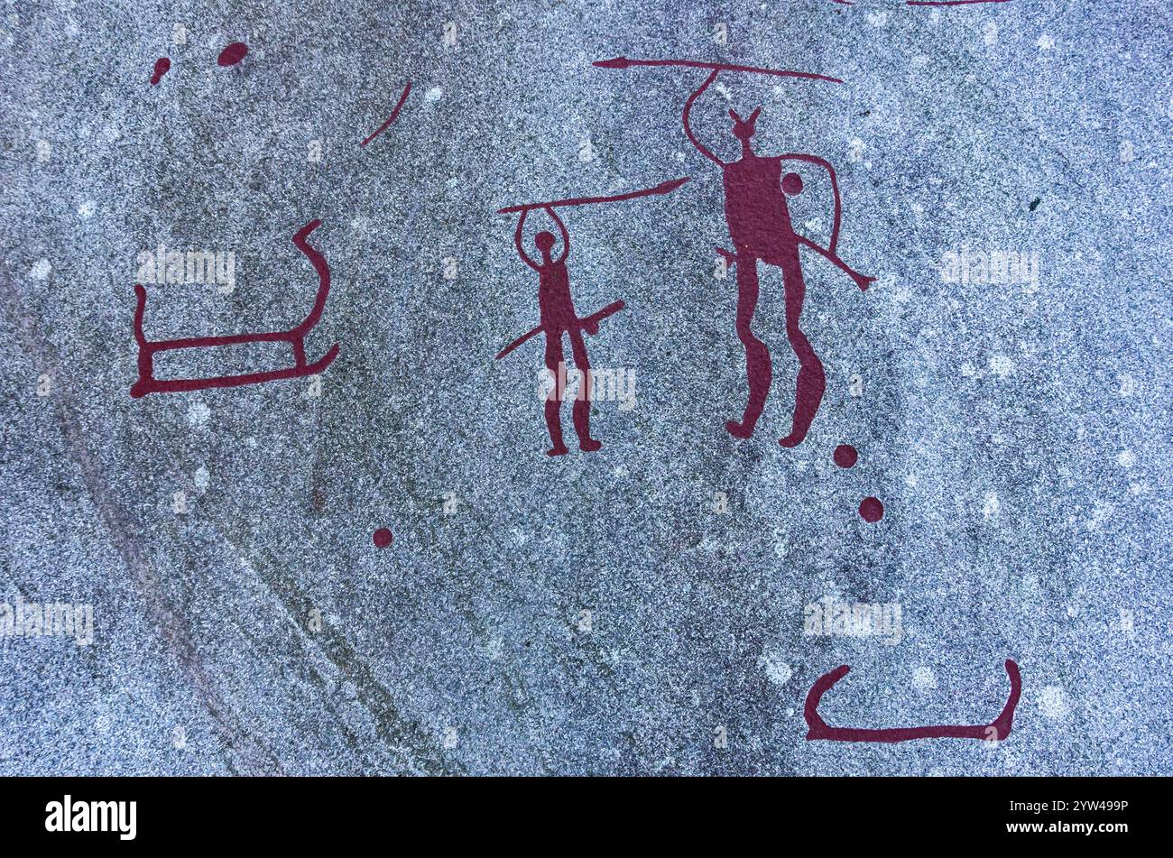 Abschnitt der Vitlycke Petroglyphen, Teil der Tanum-Felszeichnungen, die zum UNESCO-Weltkulturerbe gehören, in der Nähe des Dorfes Tanumshede, Bohuslän, Schweden. Stockfoto