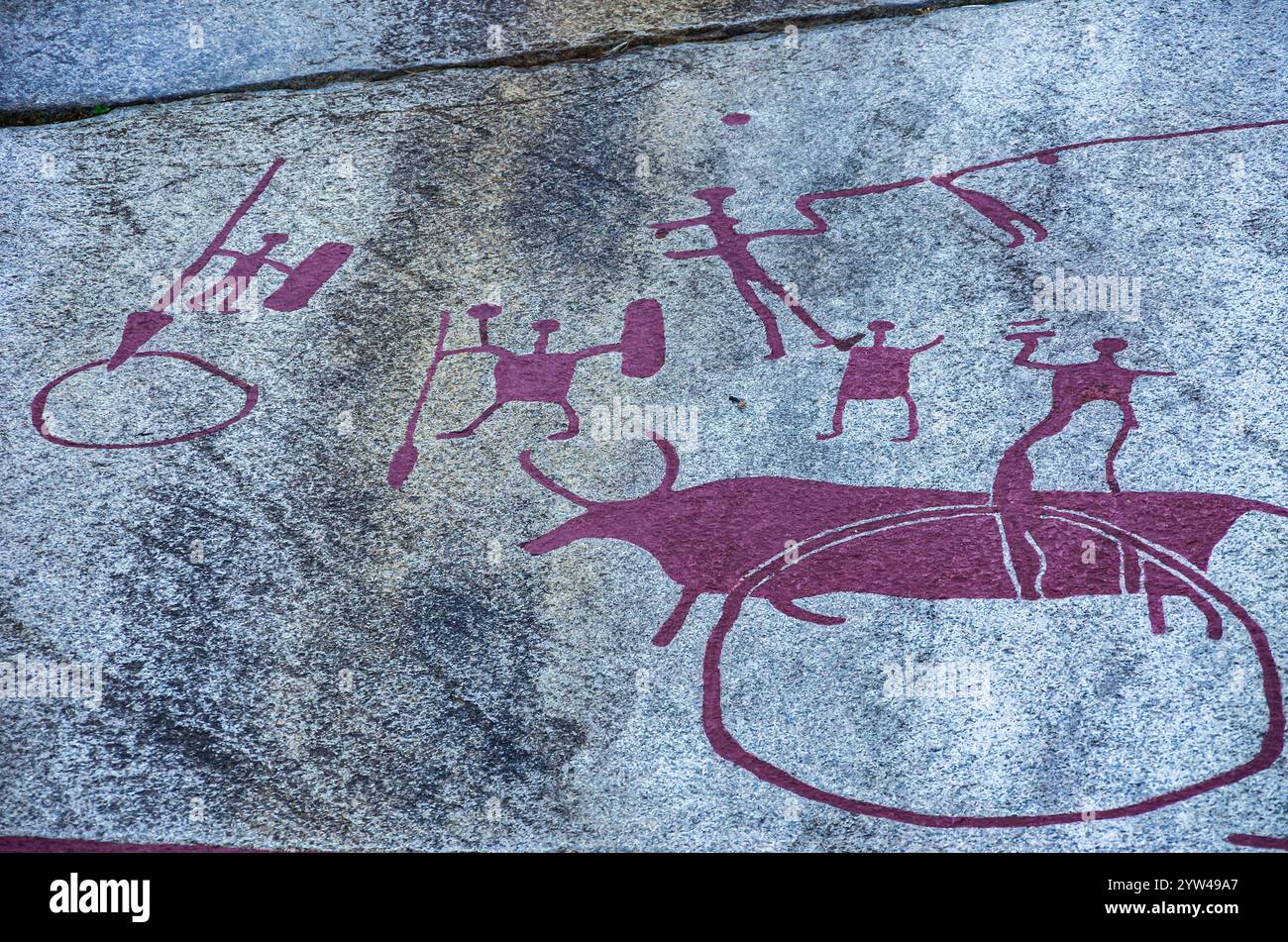 Abschnitt der Vitlycke Petroglyphen, Teil der Tanum-Felszeichnungen, die zum UNESCO-Weltkulturerbe gehören, in der Nähe des Dorfes Tanumshede, Bohuslän, Schweden. Stockfoto