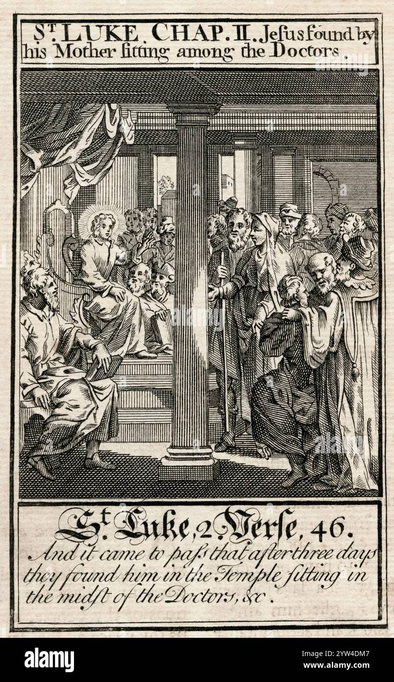 Lukas, Kap. II. Jesus wurde von seiner Mutter gefunden, die unter den Ärzten saß. Aus dem Buch des gemeinsamen Gebets, veröffentlicht um 1730. Stockfoto