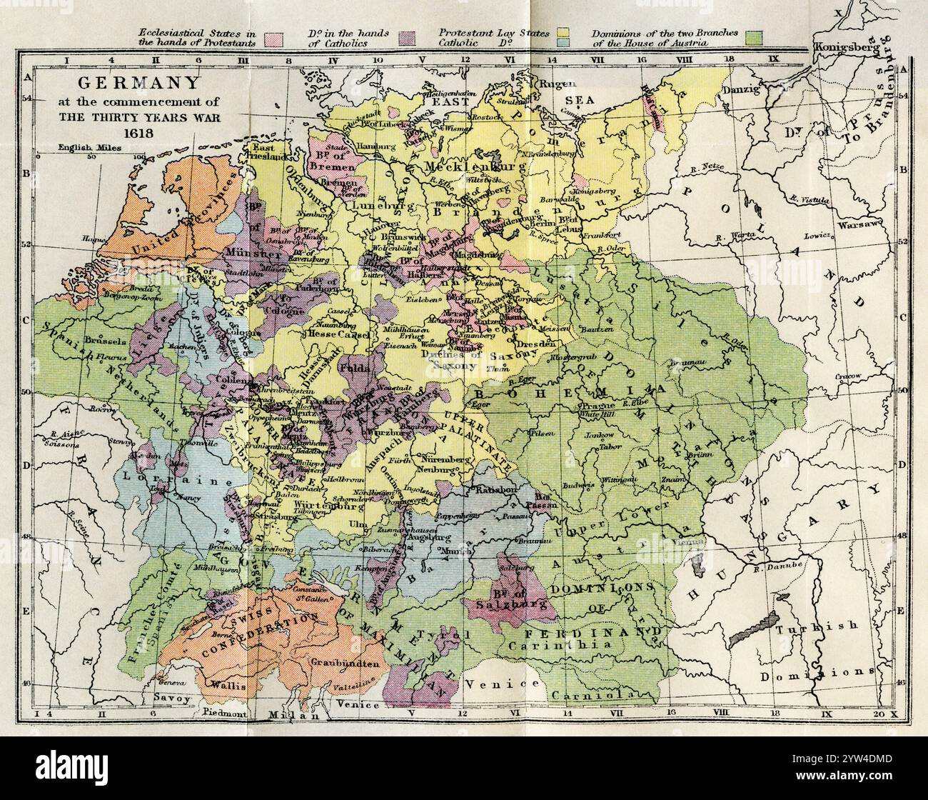 Karte von Deutschland zu Beginn des Dreißigjährigen Krieges, 1618. Aus dem Dreißigjährigen Krieg, 1618–1648, veröffentlicht 1919. Stockfoto