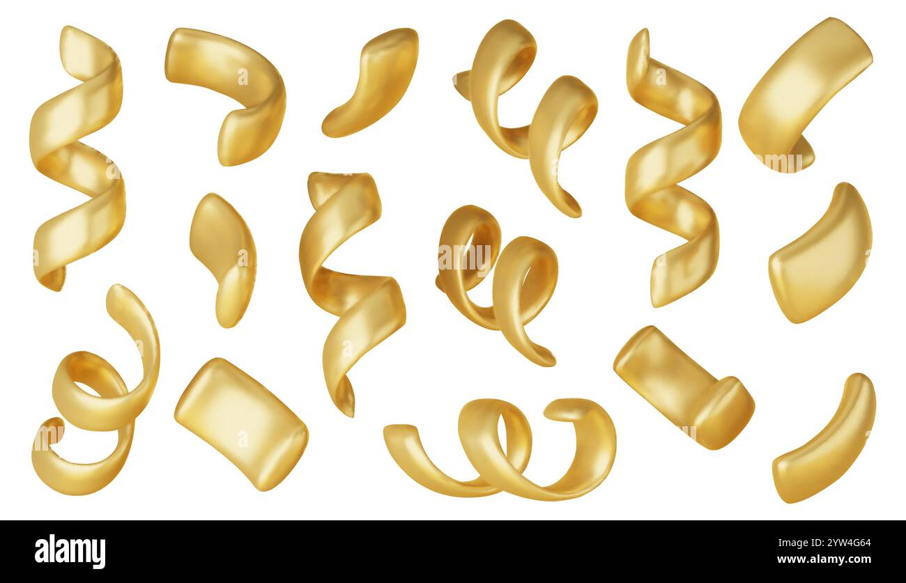 Vektor-3D-Konfetti-Hintergrund. Goldene festliche Ikonen, niedliche Designelemente isoliert. Geburtstag oder Karneval Illustration, Party Dekoration Set. Stock Vektor