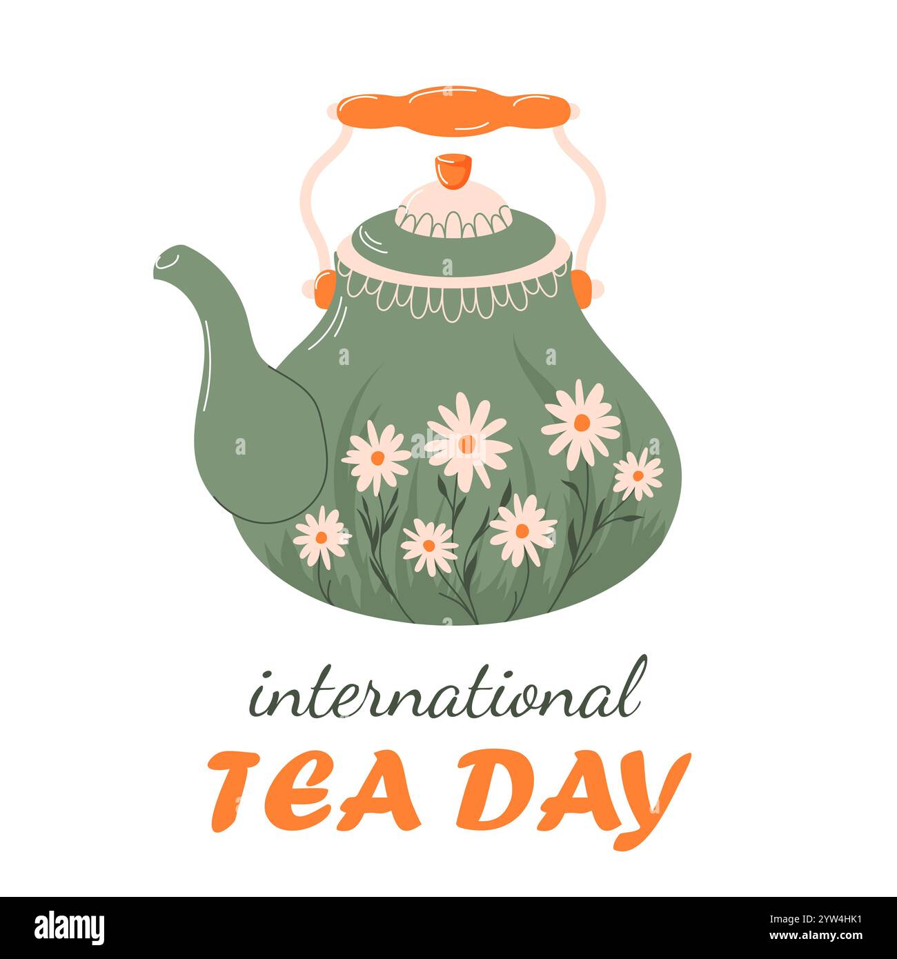 Banner zum internationalen Teetag in flachem Stil. Design für Poster, Karte für soziale Medien, Netzwerke. Grüne Teekanne mit Gänseblümchen. Stock Vektor