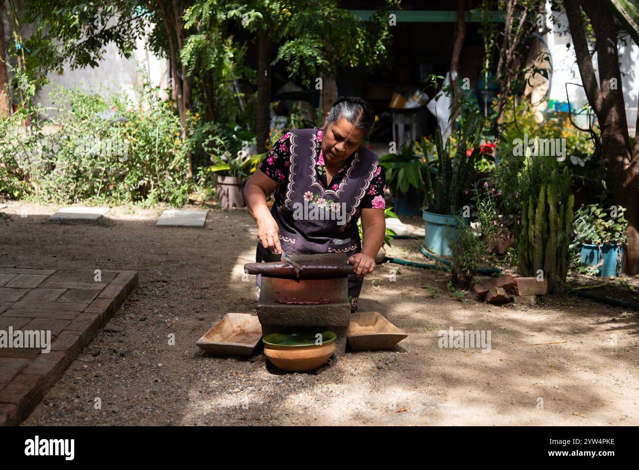 Teotitlan del valle, Oaxaca, Mexiko; 1. November 2024: Ein traditioneller Koch mahlt Schokolade auf einem Metat, einem alten Küchenutensil zum Mahlen von ingre Stockfoto