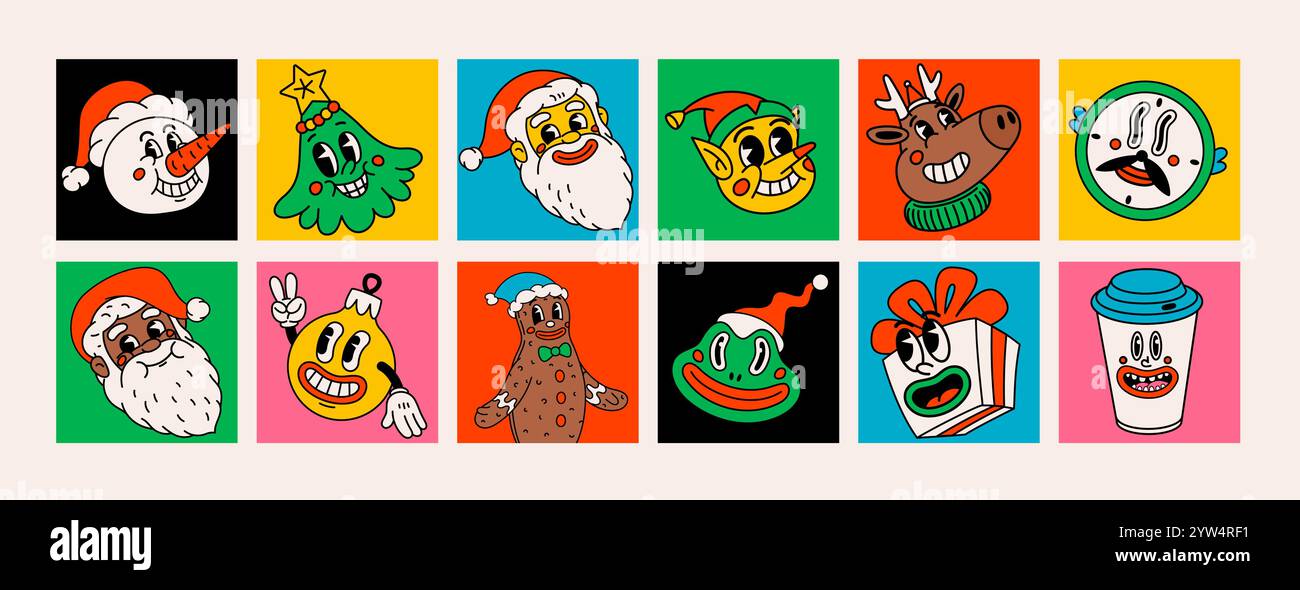 Weihnachtskarten oder Aufkleber im Retro-Stil mit groovigen Weihnachtsfiguren und -Gegenständen. Ideal für Weihnachten und Silvester Sticker und Stock Vektor