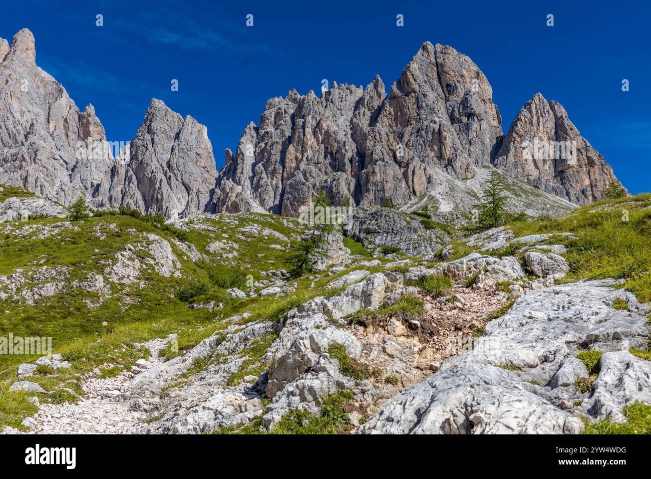 Monte Popera Dolomiten wunderschöne Landschaft. Malerischer felsiger Gipfel der Dolomiten in Italien. Felsiger Blick auf den Gipfel an einem sonnigen Sommertag Stockfoto