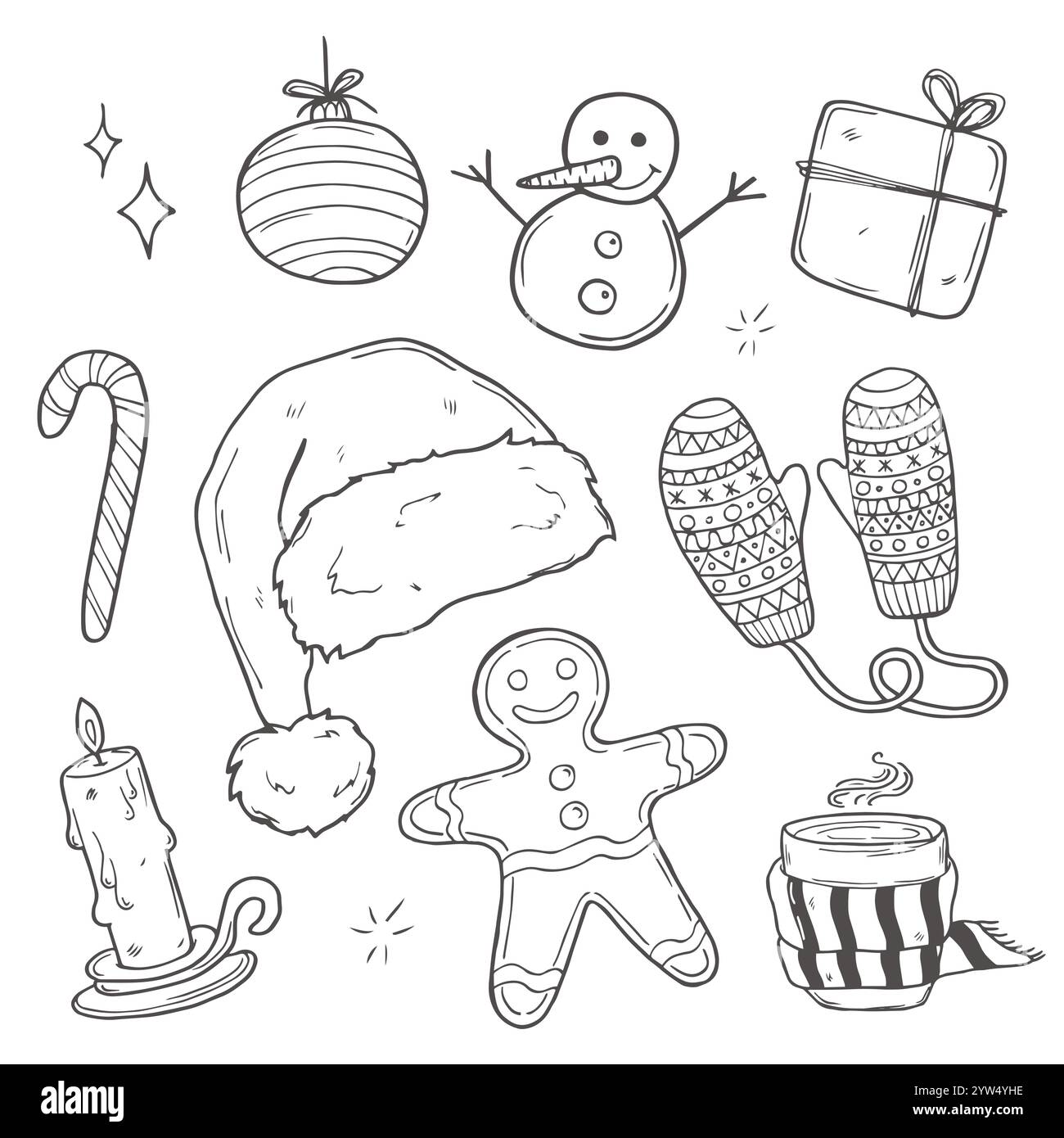 Handgezeichnetes Weihnachtsdoodle-Set festliche Schwarzweiß-Weihnachtsillustrationen mit Weihnachtsmann, Schneemann, Geschenken, Bäumen und mehr Stock Vektor