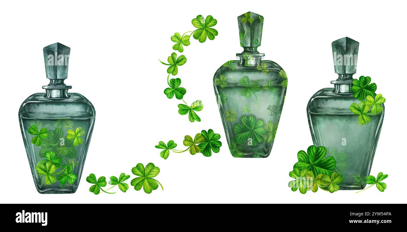 Alte grüne Glasflaschen mit vierblättrigem Kleeblatt. Set von Aquarellabbildungsvorlagen. Dekorative Elemente für Weihnachtsdruck: Einladungen, Stockfoto