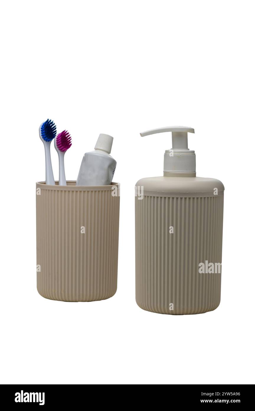 Stilvoller Zahnbürstenhalter und Pumpflasche heben die Ästhetik des Badezimmers mit minimalistischem Design und sanften Farbtönen auf. Stockfoto