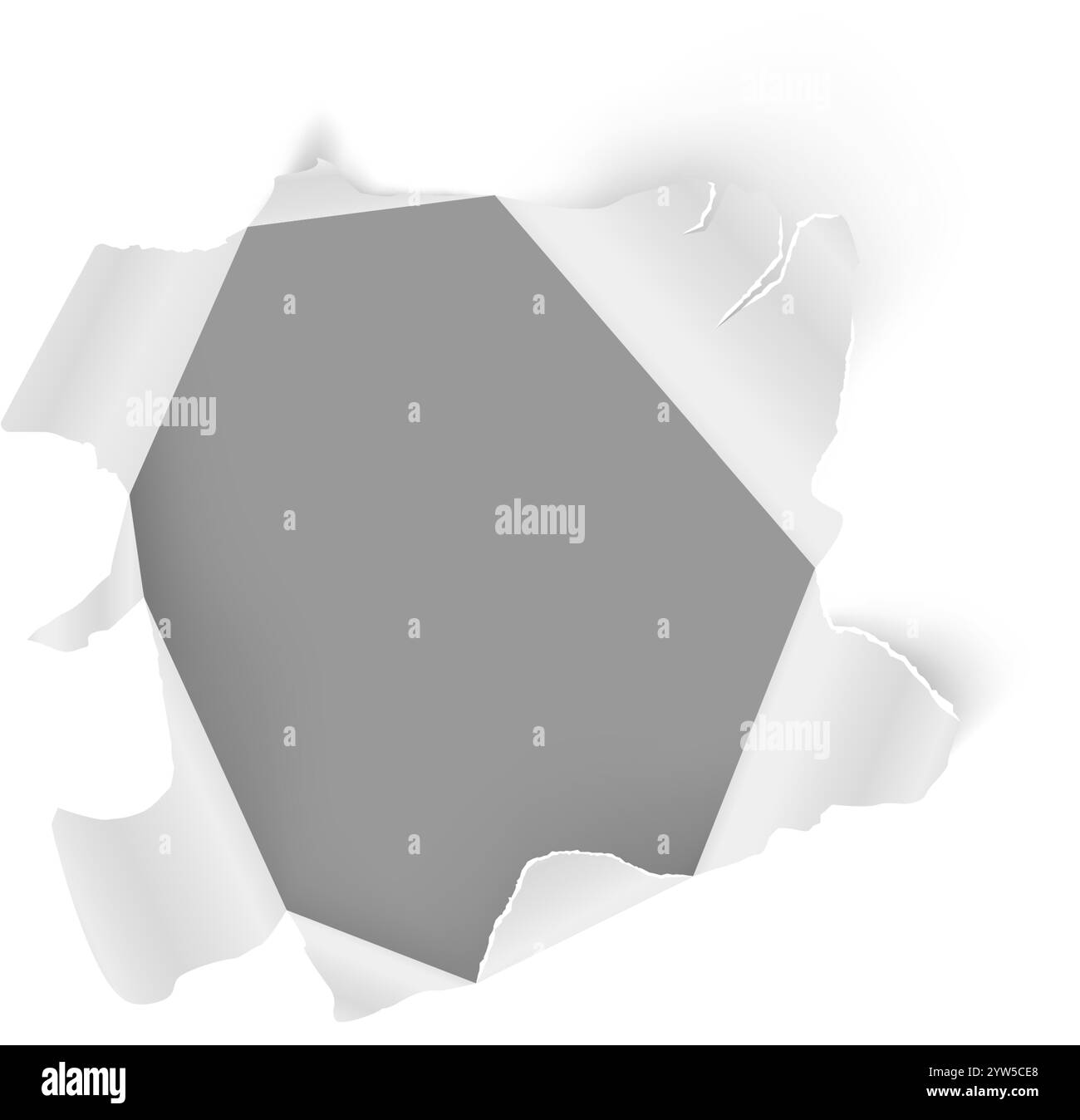 Gerissenes weißes Papier erzeugt ein unregelmäßig geformtes Loch, das einen grauen Hintergrund freigibt und einen strukturierten und mehrschichtigen Effekt bietet, der für verschiedene Designs geeignet ist Stock Vektor