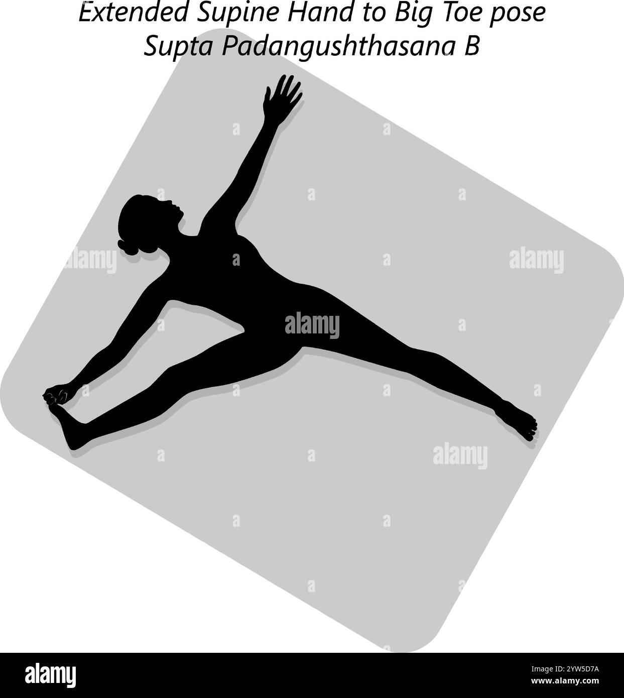 Silhouette einer Frau, die Supta Padangushthasana B Yoga-Pose praktiziert. Die Hand in Rückenlage wird in die große Zehenposition gestreckt. Isolierte Vektordarstellung Stock Vektor