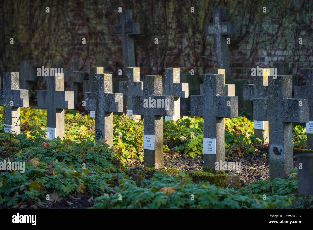 Schwesterngräber in Ursulinen-Gärten, ehemalige Klostergärten, Sittard, Limburg, Niederlande. Stockfoto