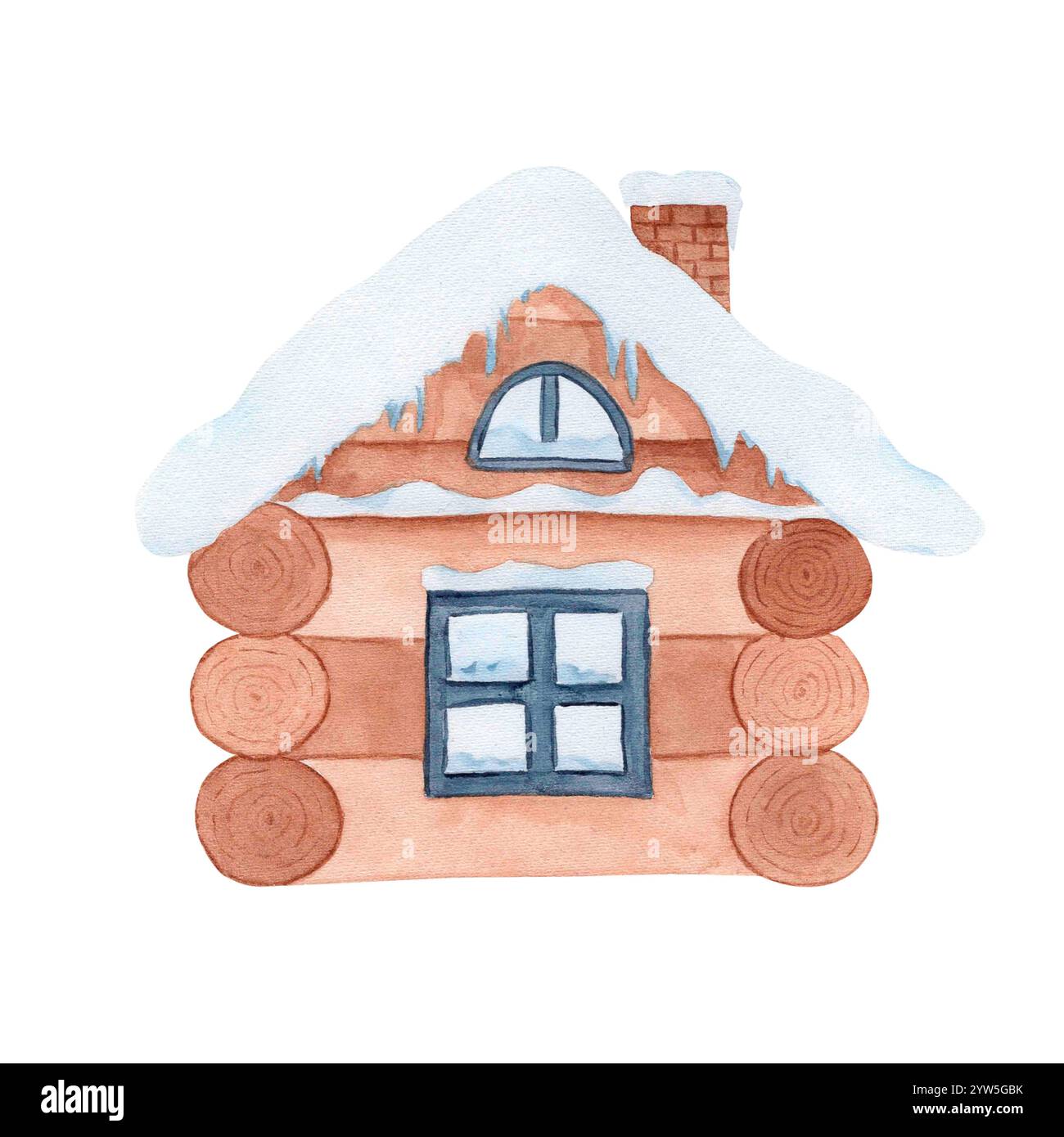 Illustration eines Dorfhauses im Schnee. Handgezeichnetes Aquarell. Für Ihr Design Stockfoto