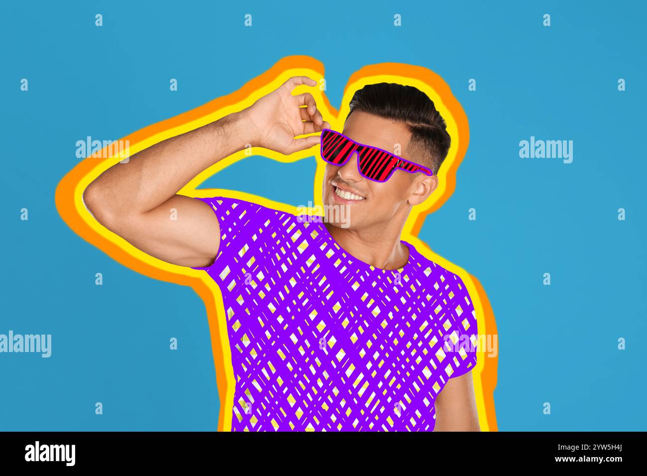 Glücklicher Mann mit Sonnenbrille auf blauem Hintergrund, kreative Kunstcollage. Farbenfrohe Umrisse um ihn herum. Stilvolles Poster Stockfoto