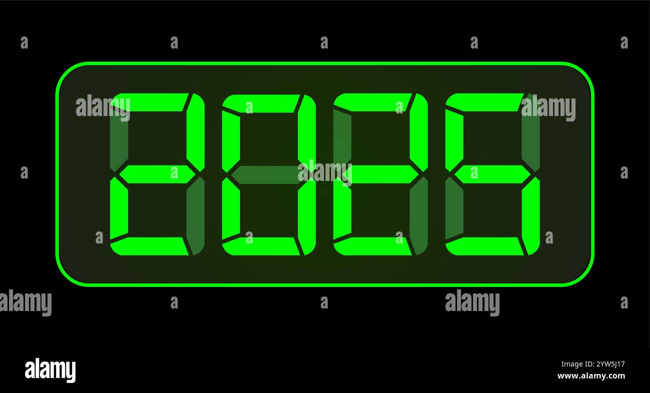 2025 Digitaluhr für ein gutes neues Jahr. Elektronische Uhr. Alarm-Timer, weihnachtlicher Countdown, Zeitanzeige mit grünen LED-Nummern. Vektorabbildung Stock Vektor
