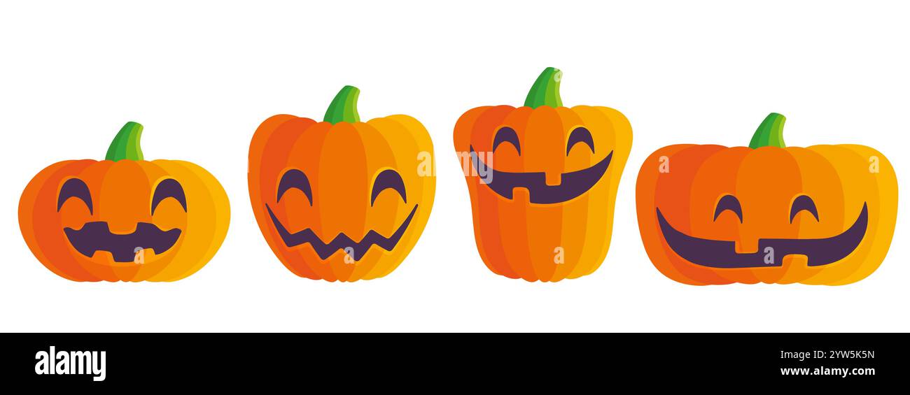 Vektor Set Symbole von Kürbis mit Lächeln für Halloween in flachem Stil. Vektor-Illustration von Pumkins für Halloween. Stock Vektor