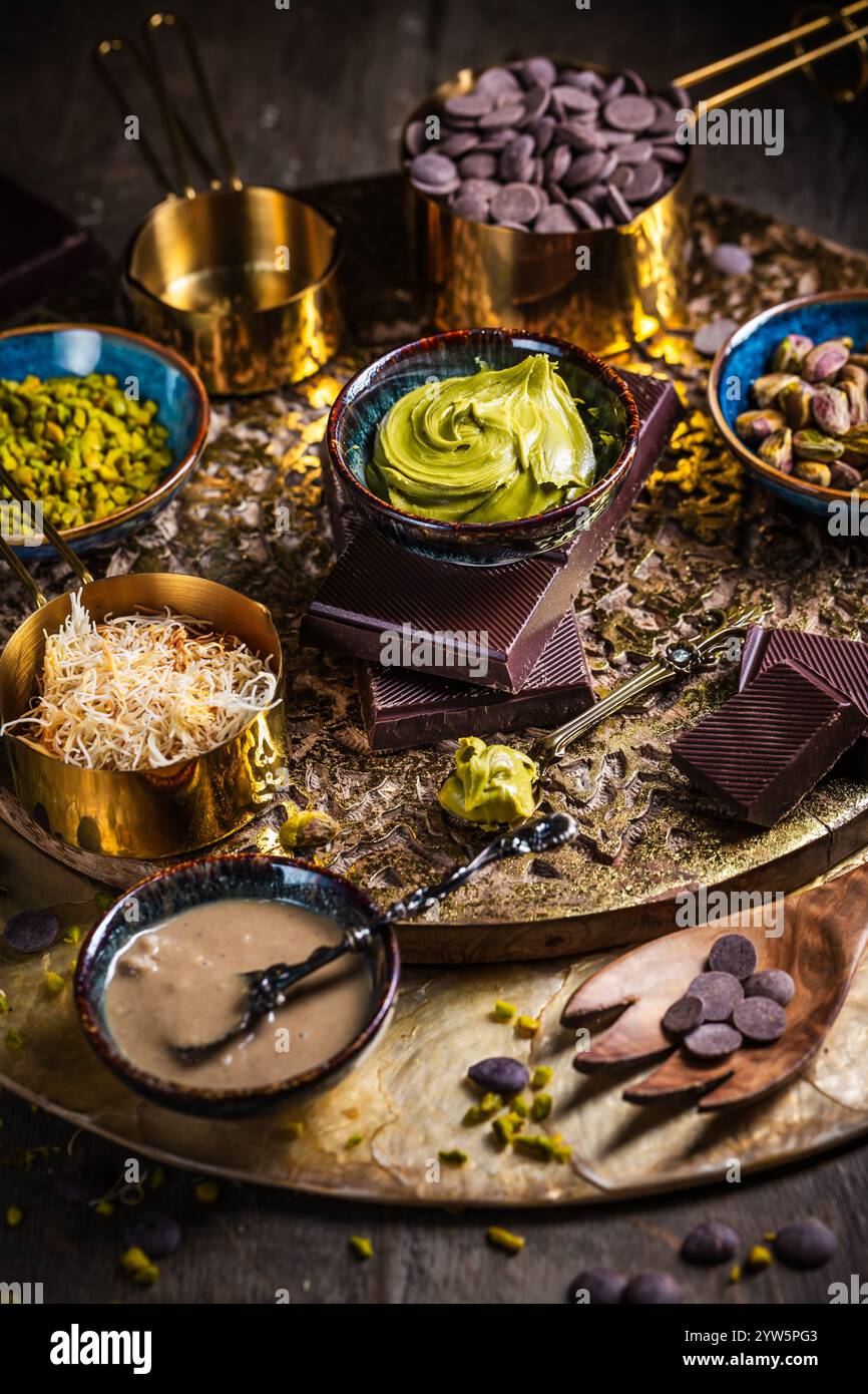 Zubereitung hausgemachter Dubai Schokolade mit Zutaten Stockfoto