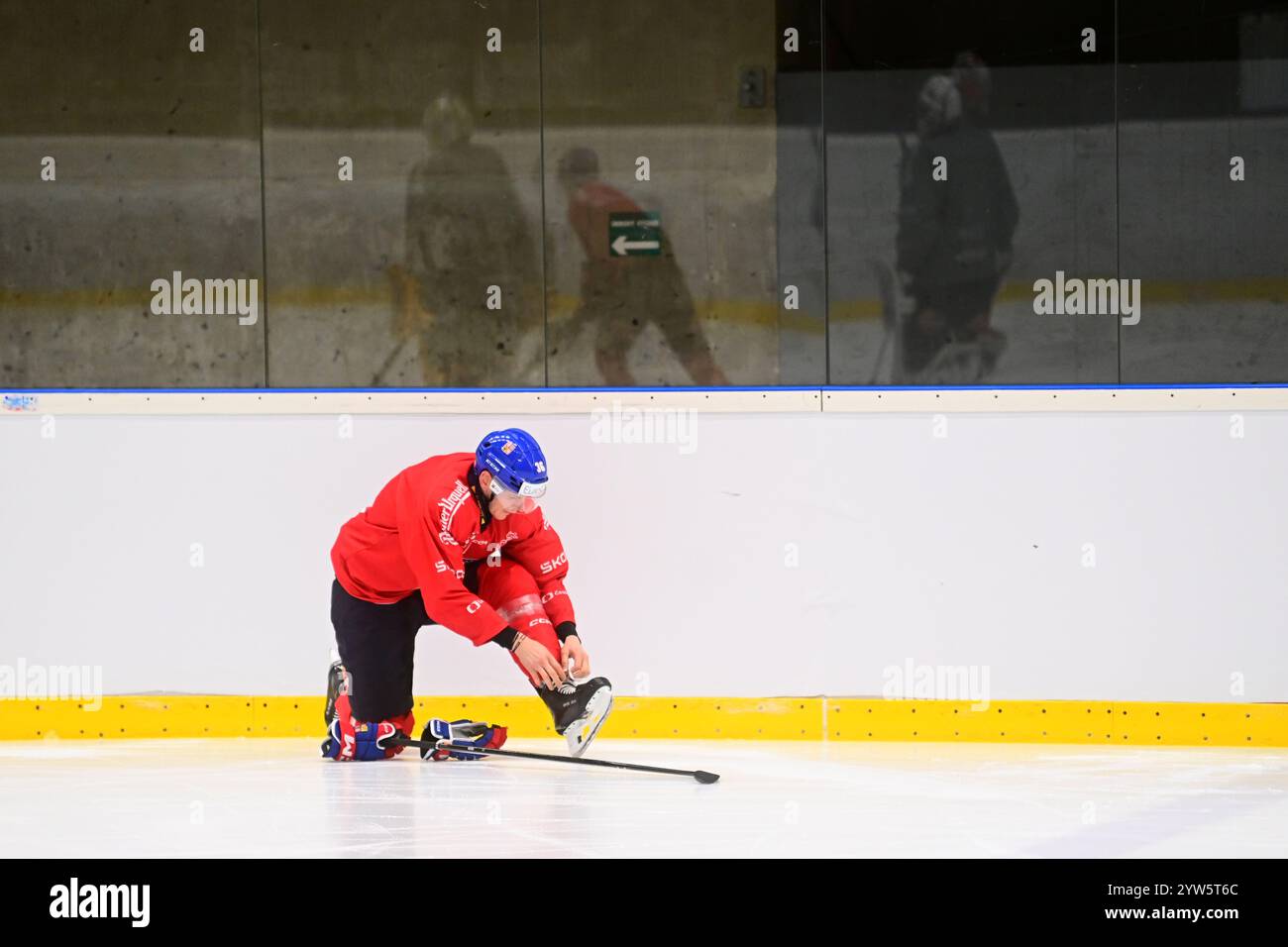 Pardubice, Tschechische Republik. Dezember 2024. Jakub Krejcik nimmt am Training der tschechischen Nationalmannschaft vor den Schweizer Hockeyspielen Teil, Teil der Euro Hockey Tour, am 9. Dezember 2024 in Pardubice, Tschechien. Quelle: Josef Vostarek/CTK Photo/Alamy Live News Stockfoto