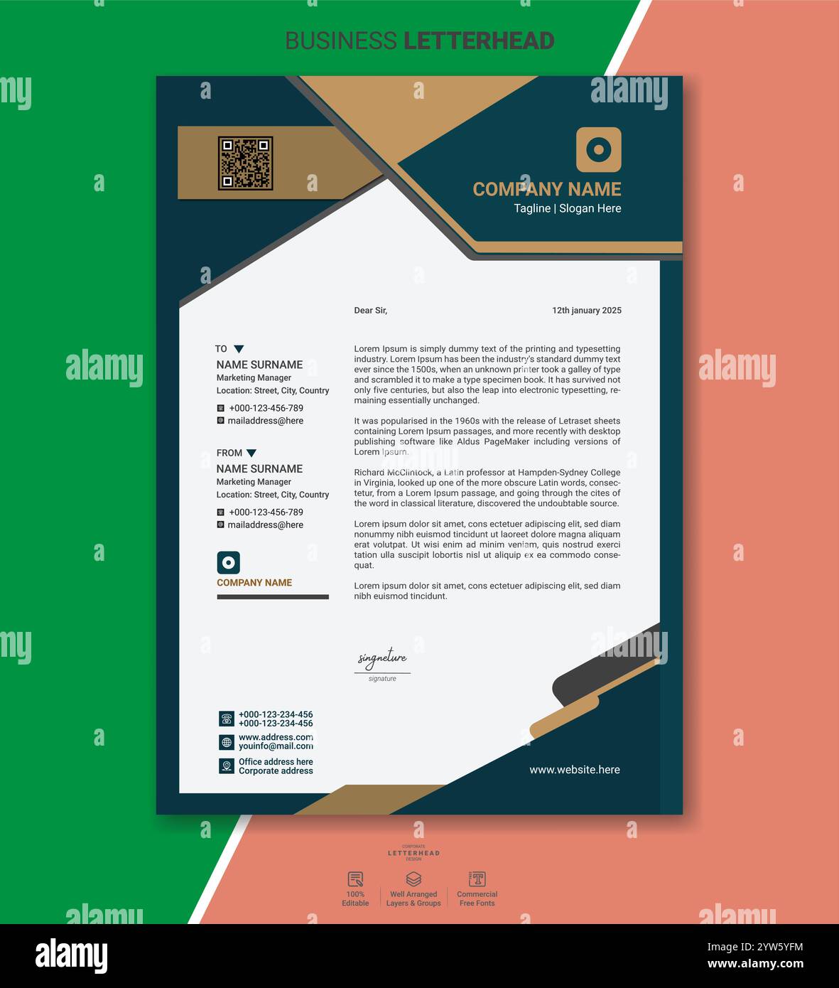 Modernes Vorlagen-Paket für Firmenbriefbögen mit minimalen abstrakten Designs, klaren Layouts, professionellem Branding und druckfertigen Geschäftsdokumenten Stock Vektor