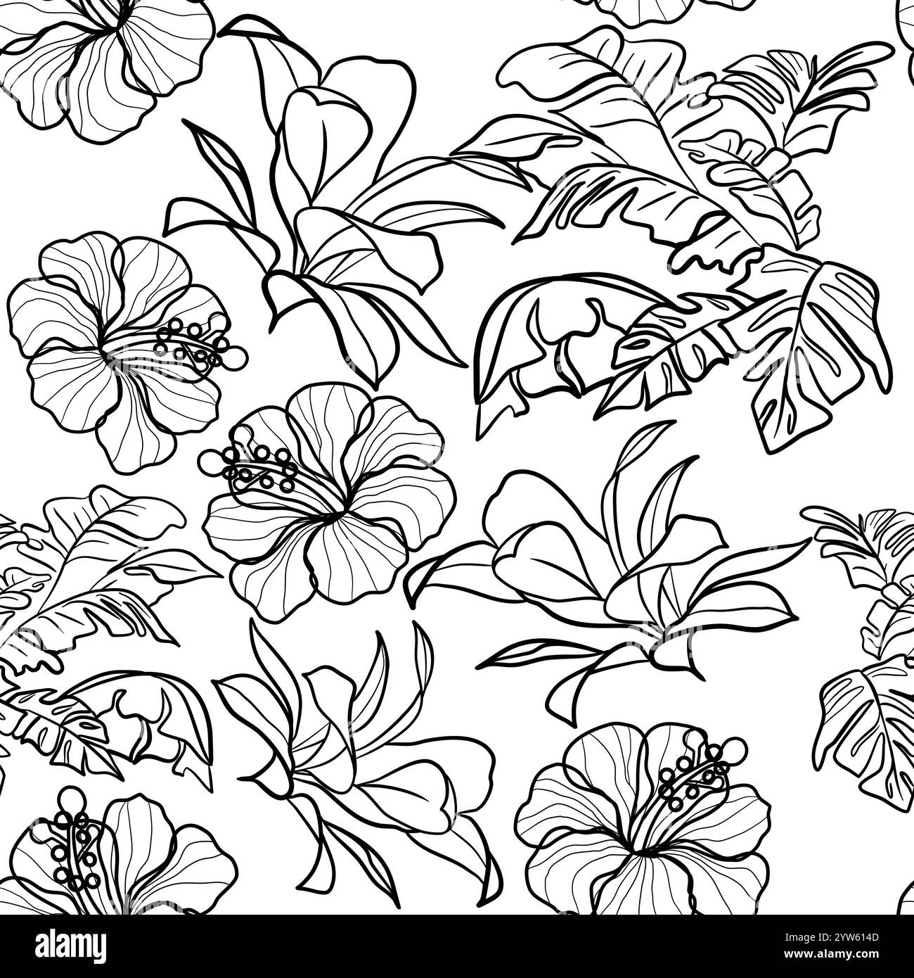 Nahtloses Blumenmuster mit Regenwaldpflanzen in der Doodle-Technik-Vektor-Illustration Stock Vektor