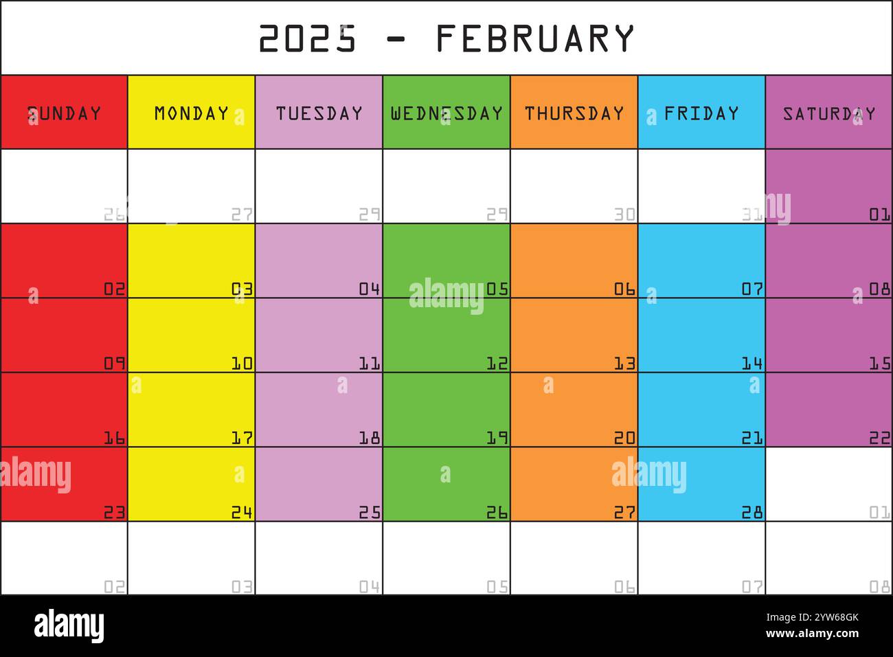 2025 Kalender Planer Organizer großer bearbeitbarer Raum Farbmonat FEBRUAR Stock Vektor