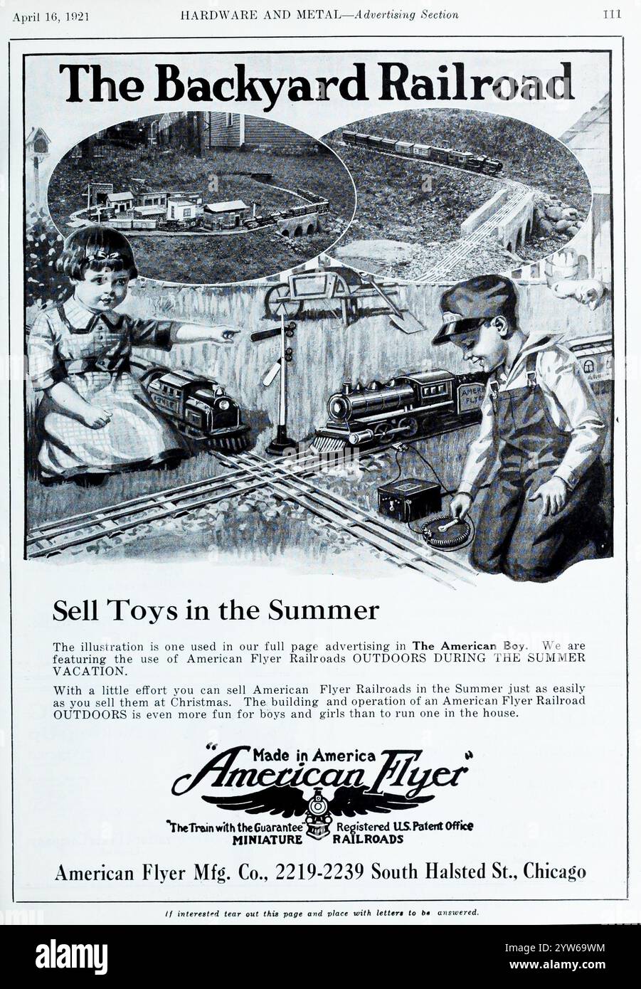 1921 American Flyer - The Backyard Railroad Ad- Sell Toys in the Summer Stockfoto