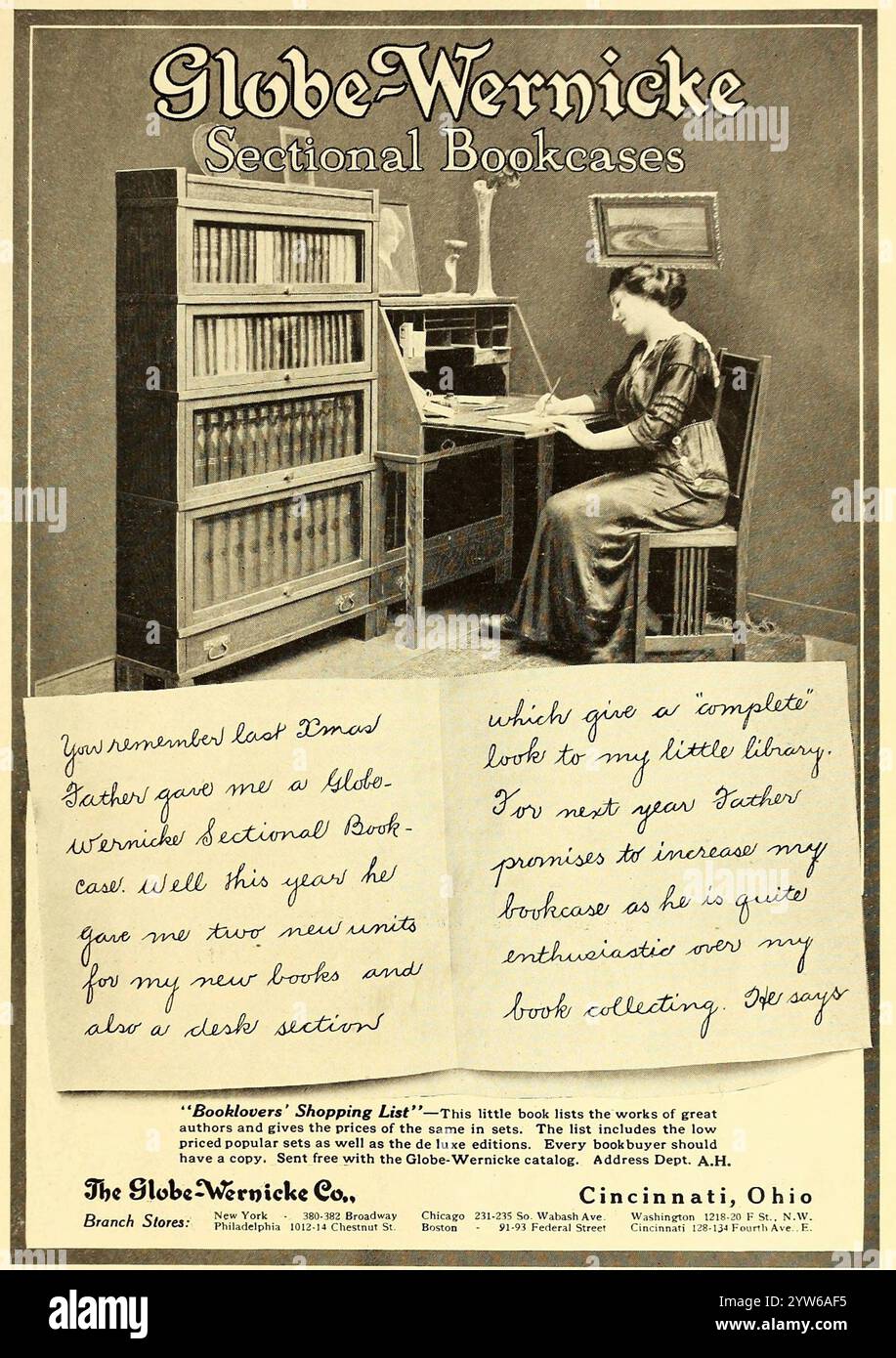 1913 Globe-Wernicke Sektionsbücherregale - Buchliebhaber-Einkaufslistenanzeige Stockfoto
