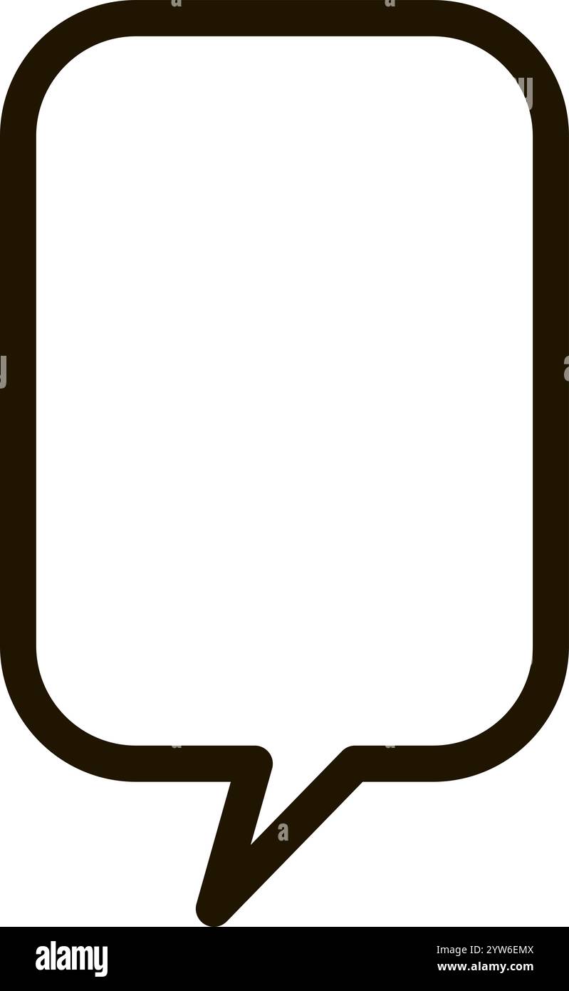 Die schlichte schwarze Umrandung einer abgerundeten rechteckigen Sprechblase mit einem spitzen Schwanz, der sich nach unten erstreckt, bietet ein klares und modernes Design für Stock Vektor
