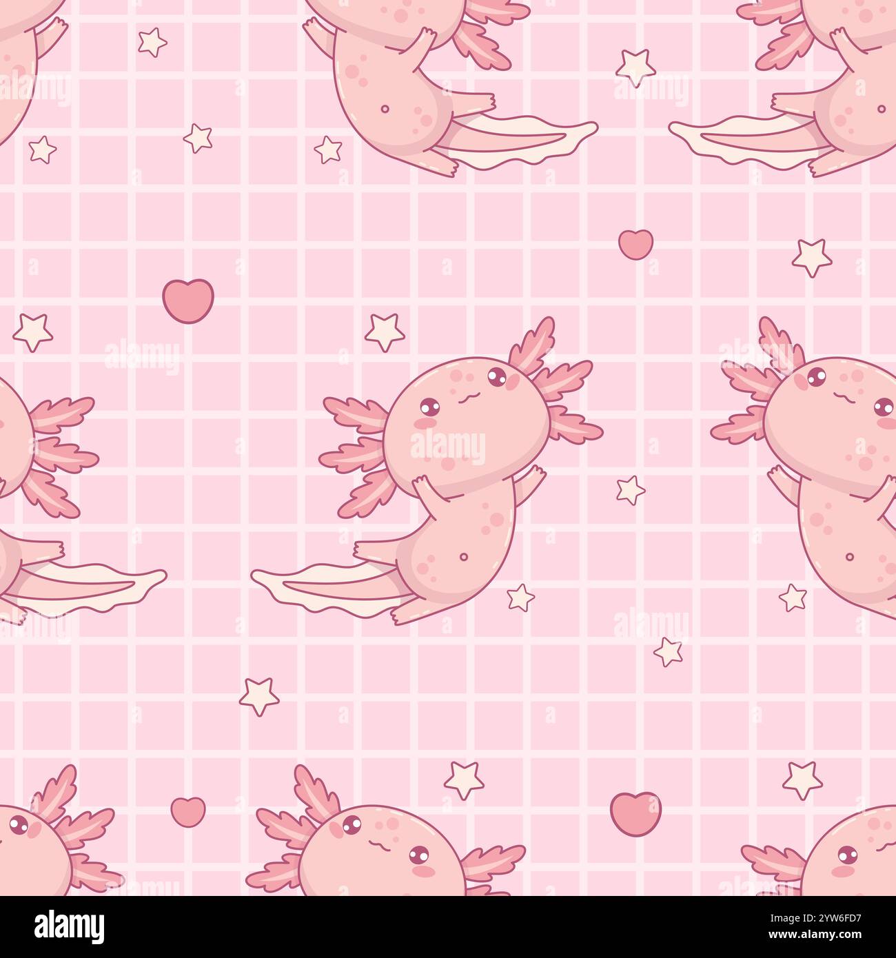 Nahtloses Muster mit niedlichem Axolotl auf rosa kariertem Hintergrund mit Herz. Lustige kleine Karikatur-Kawaii-Figur. Vektorabbildung. Kinder-Sammlung Stock Vektor