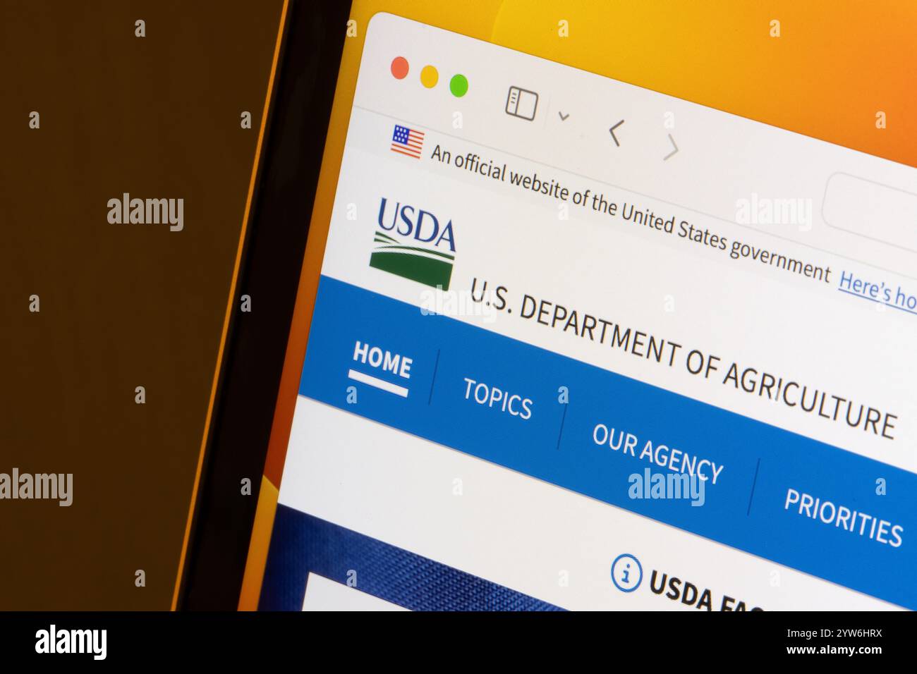 Die Homepage des US-Landwirtschaftsministeriums (USDA), einer Exekutivabteilung der US-Regierung, ist auf einem Computer zu sehen. Stockfoto