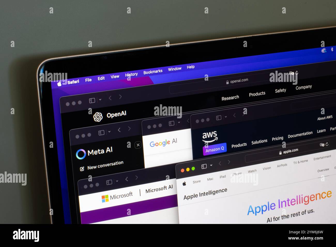 Webseiten von OpenAI, Meta AI, Google AI, AI auf Amazon Web Services, Microsoft AI und Apple Intelligence werden am 19. Oktober 2024 auf einem Computer angezeigt. Stockfoto