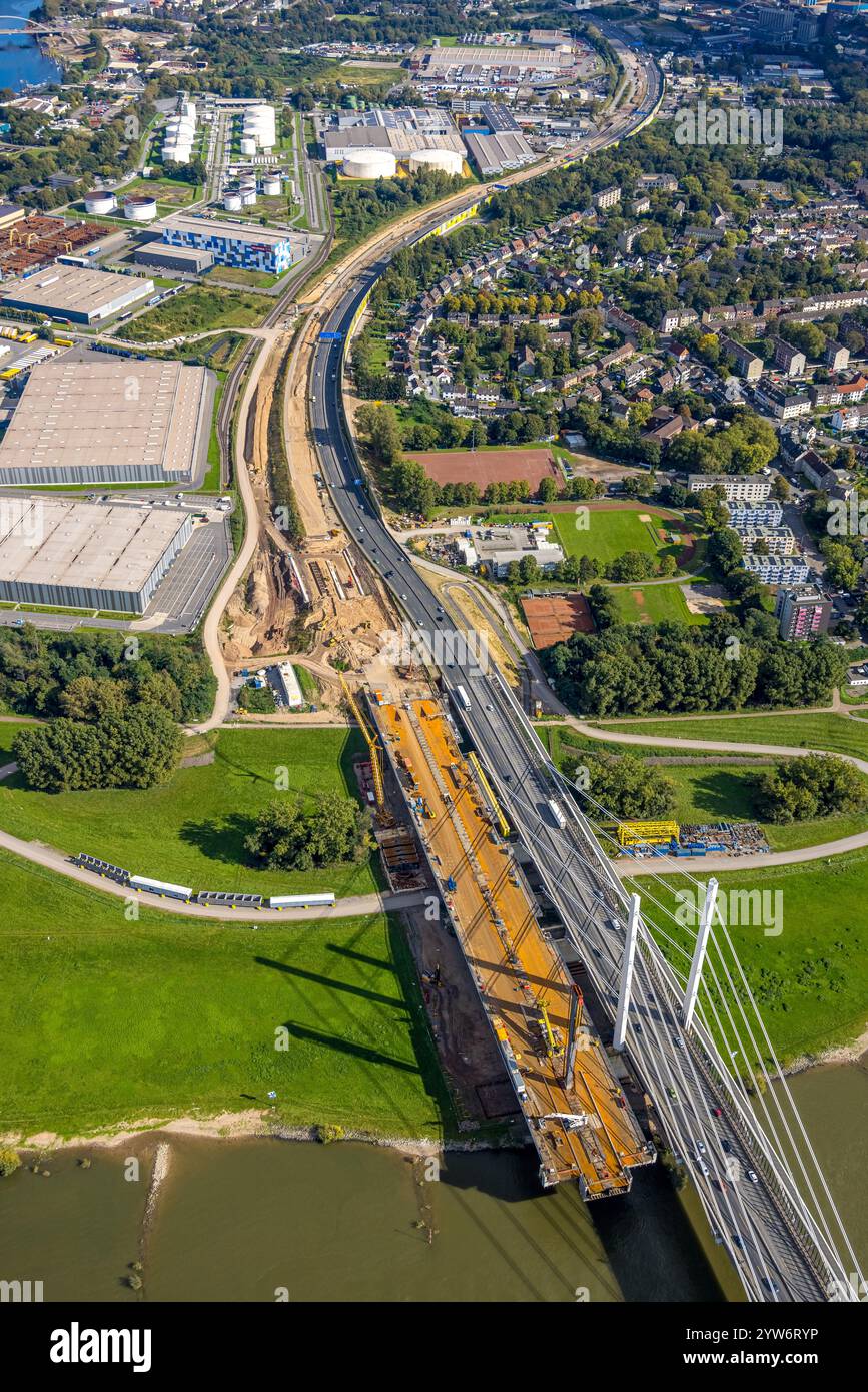 Luftaufnahme, Baustellenautobahn A40 Rheinbrücke Neuenkamp, Neuenkamp, Duisburg, Ruhrgebiet, Nordrhein-Westfalen, Deutschland Stockfoto