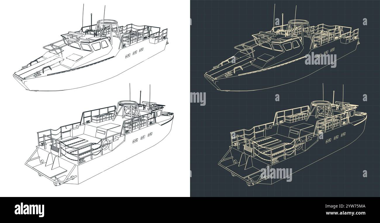 Stilisierte Vektorillustrationen von Militärpatrouillenbooten Stock Vektor