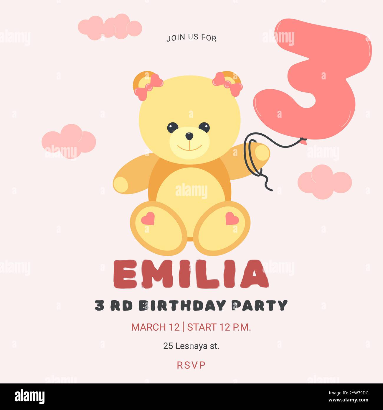 Geburtstagsfeier für Kinder mit süßem Bären und Nummer. Feier 3. Geburtstag. Grußkartenvorlage für Kinder. Vektorabbildung. Stock Vektor