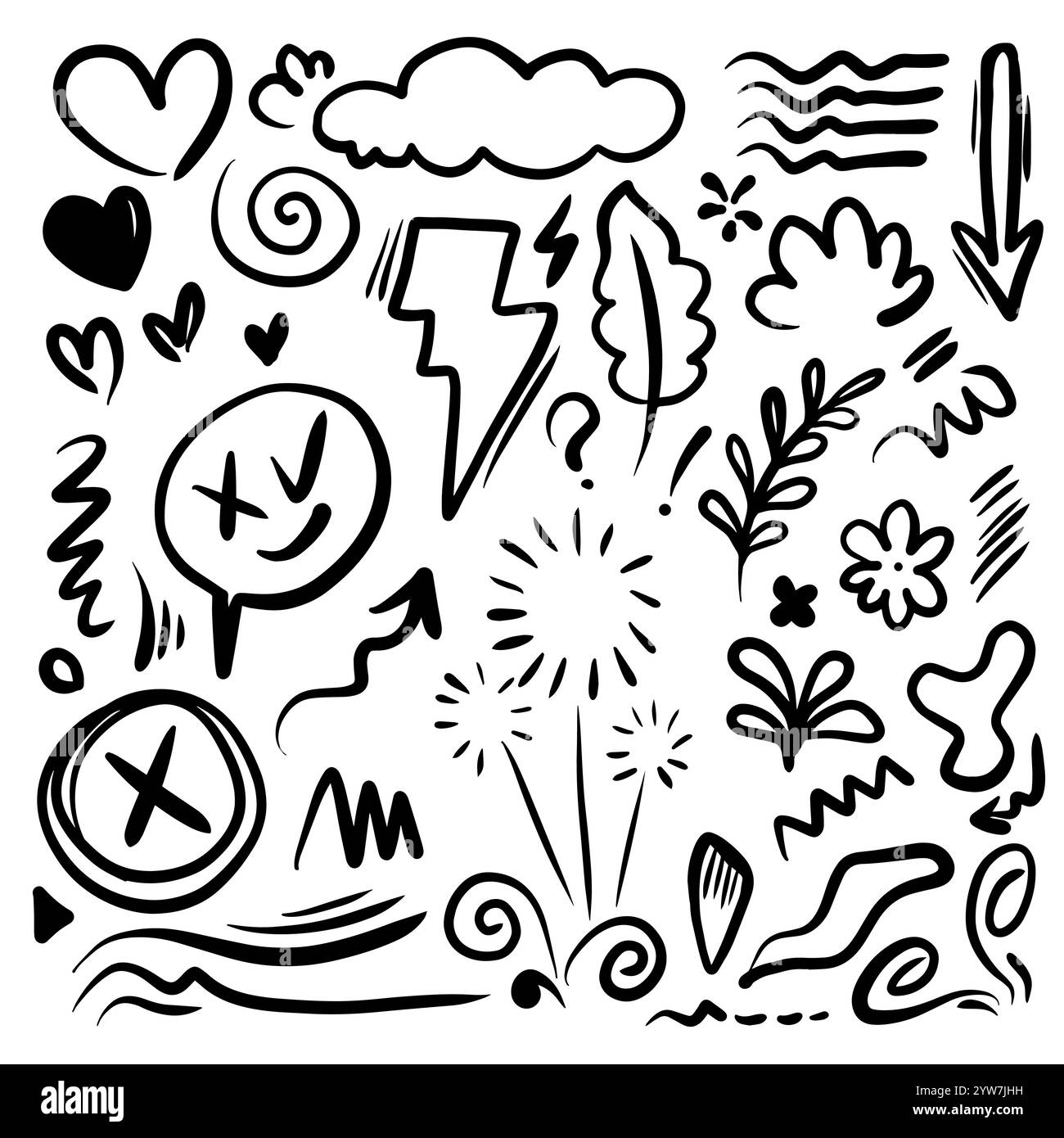 Blätter, Herzen, abstrakte, Bänder, Pfeile und andere Elemente in handgezeichneten Stilen für Konzeptdesigns. Illustration mit Kritzeleien. Stock Vektor