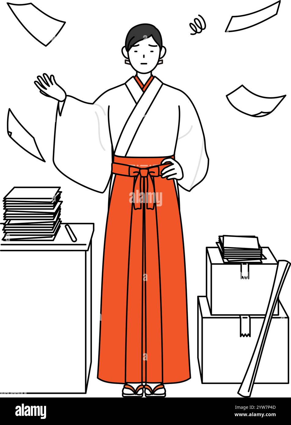 Schrein-Jungfrau des Schreins trägt weißen Kosode und Red Hakama, die genug von ihrem unorganisierten Geschäft, Vector Illustration Stock Vektor