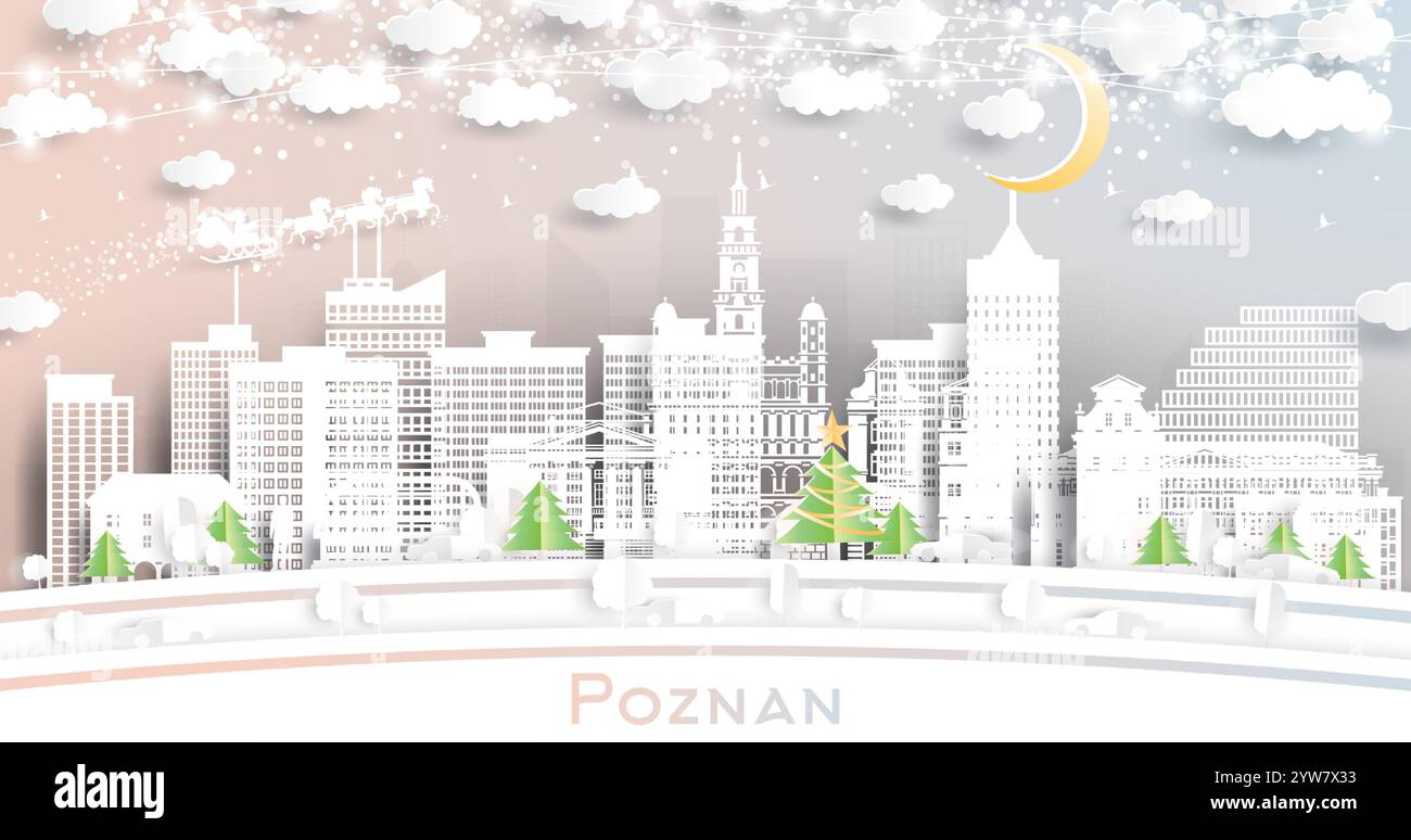 Posen Polen. Winter City Skyline im Papierschnitt mit Schneeflocken, Mond- und Neongirlanden. Weihnachts- und Neujahrskonzept. Weihnachtsmann auf Schlitten. Stock Vektor