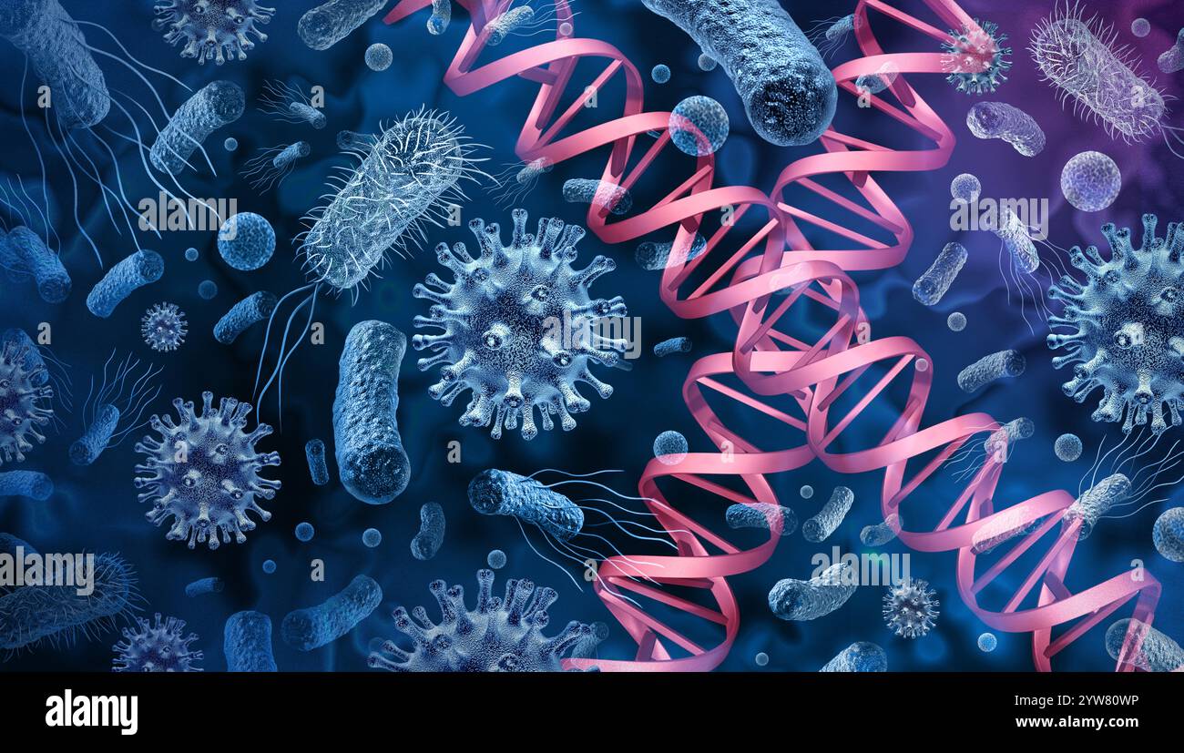 Disease X Globales pandemisches medizinisches Konzept für gefährliche unbekannte tödliche Infektionen als neuer mikroskopischer Erreger Pandemierisiko als DNA-Strang darstellen Stockfoto