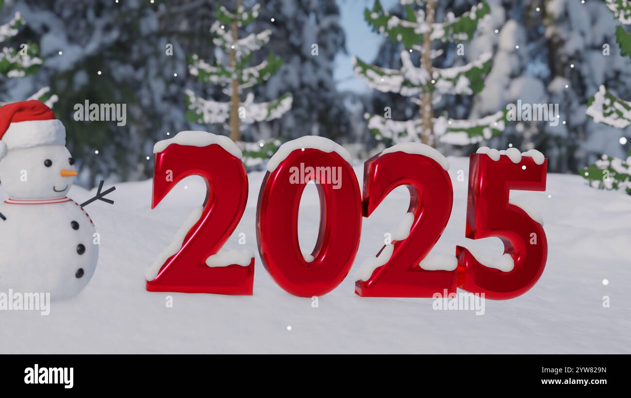 Frohes Neues Jahr 2025. 2025 Text isoliert auf verschneiten Hintergrund mit Schneemann und Schneefall 8k Illustration. Stockfoto