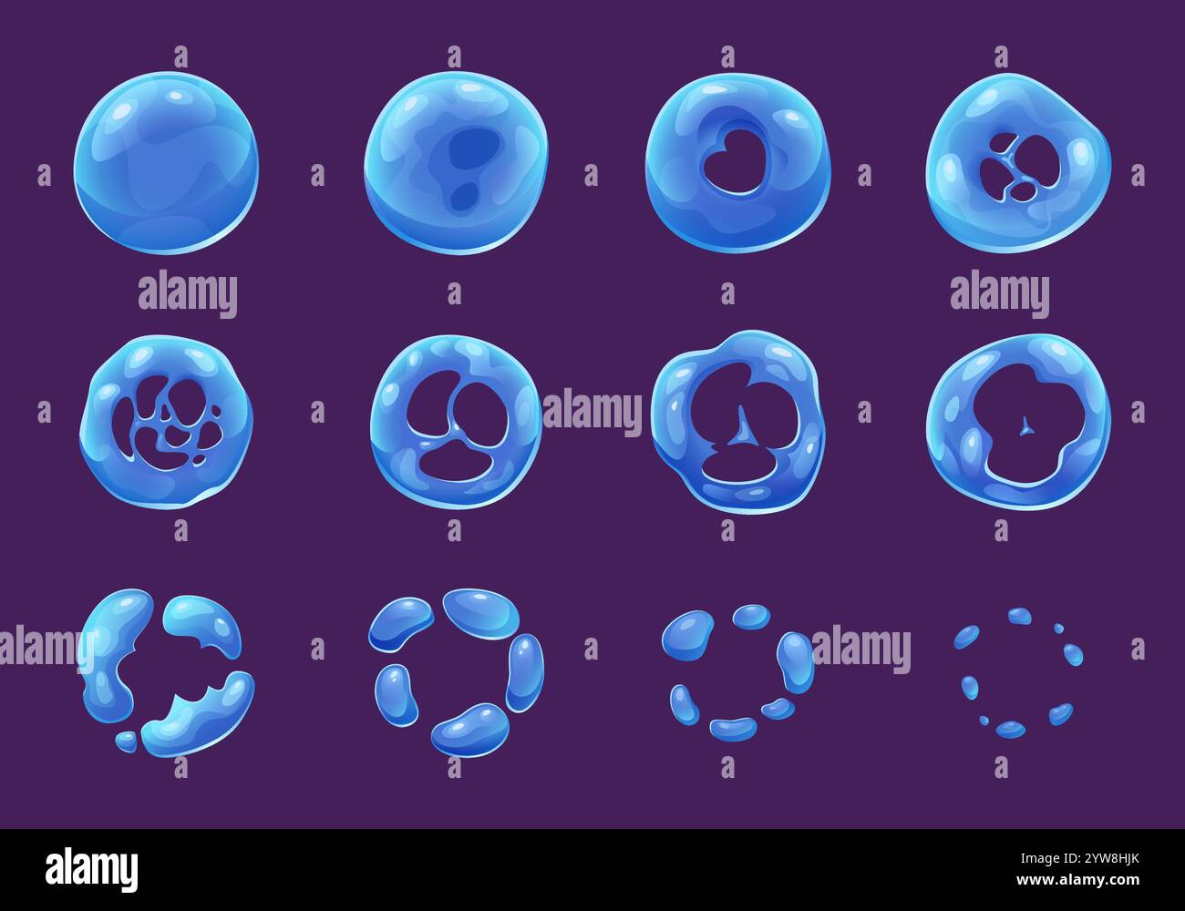 Luftpolsterschaum. Zeichentrickfilm-Schlüsselrahmen 2D-Animation von Blasen fließend und explosionsartig transparente Seifenblase exakte Vektorvorlagen Assets für Spieldesign Stock Vektor