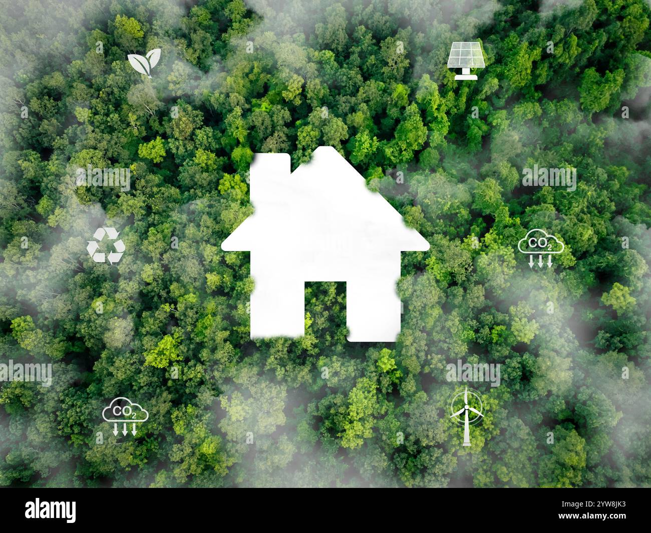 Nachhaltiges Wohnen mit erneuerbaren Energiequellen. Windturbinen und Solarpaneele, die Strom für energieeffizientes Wohnen und Umwelt in der Stadt liefern Stockfoto